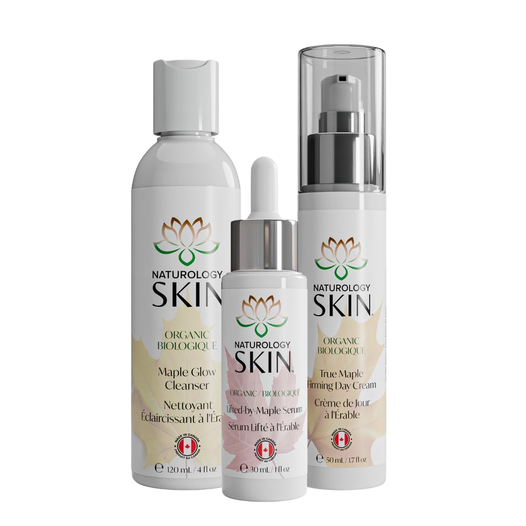 Naturology Skin Maple Essentials Set - Maple Glow Cleanser, Lifted-by-Maple Serum and True Maple Firming Day Cream on white background