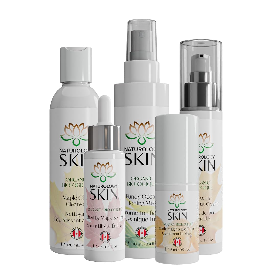 Naturology Skin Radiance Set - 5-piece organic skincare routine with cleanser, serum, toning mist, day cream and eye cream on white background